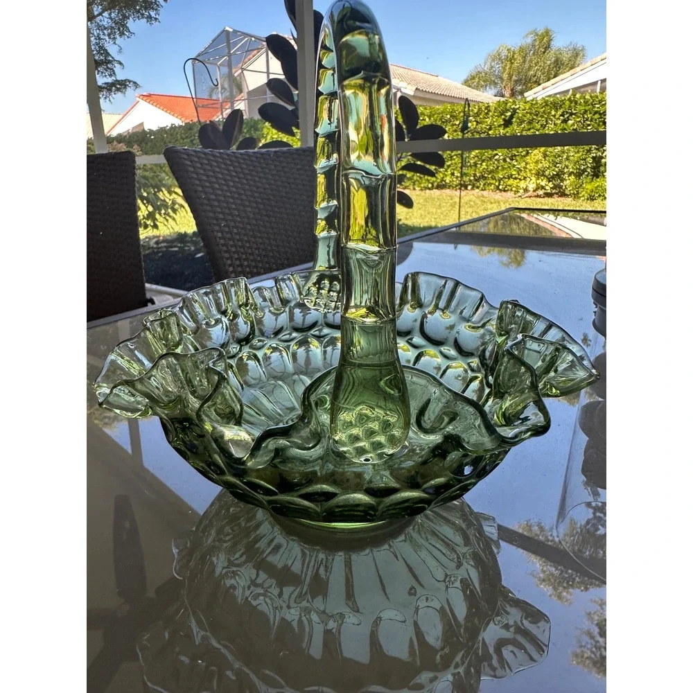 Vintage Fenton green Glass‎ Hobnail Basket Ruffled Edge Bamboo Handle Candy Dish